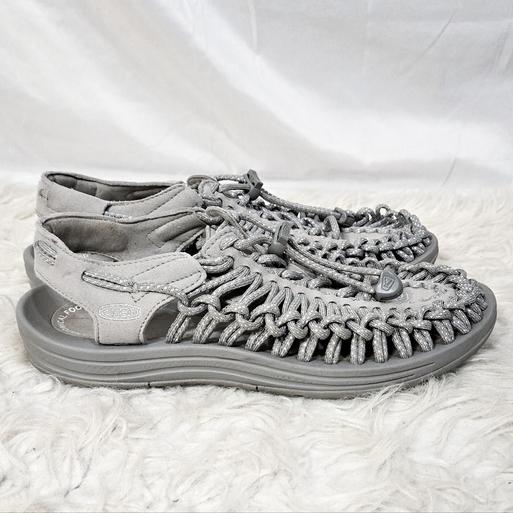 Keen Uneek Two Cord Sandals Silver Gray Metallic Hiking Gorpcore Drawstring - Picture 4 of 7